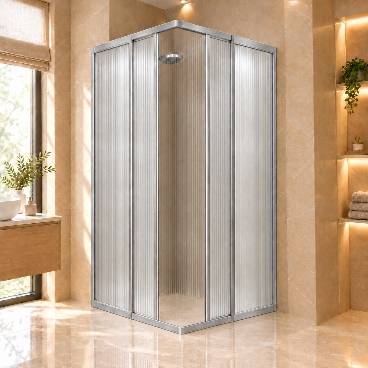 Sapsız Ribbed Camlı Modern Duşakabin Köşe Mika Duşakabin Gri - Görsel 1